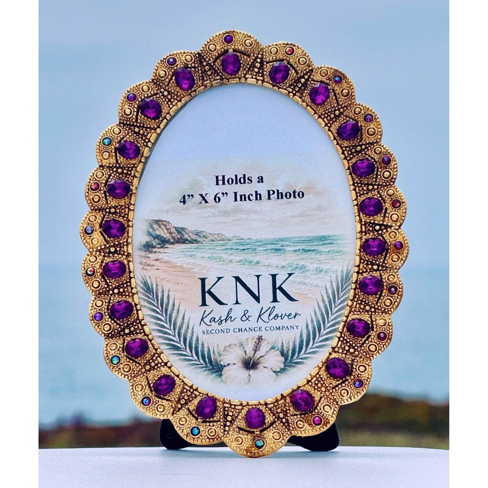 Oval Picture Frame Gold Purple Rhinestone Coastal Glam 4" x 6" Photo Elegant